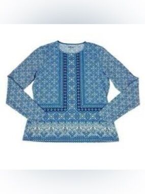 Lands' End Blue and White Geometric Swim Top Rash Guard